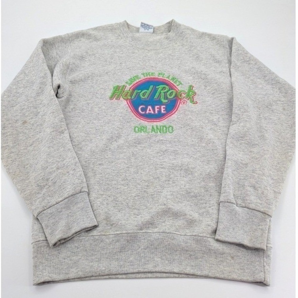 VTG 90s Hard Rock Cafe Orlando Sweatshirt Medium Gray Neon Embroidered Santee